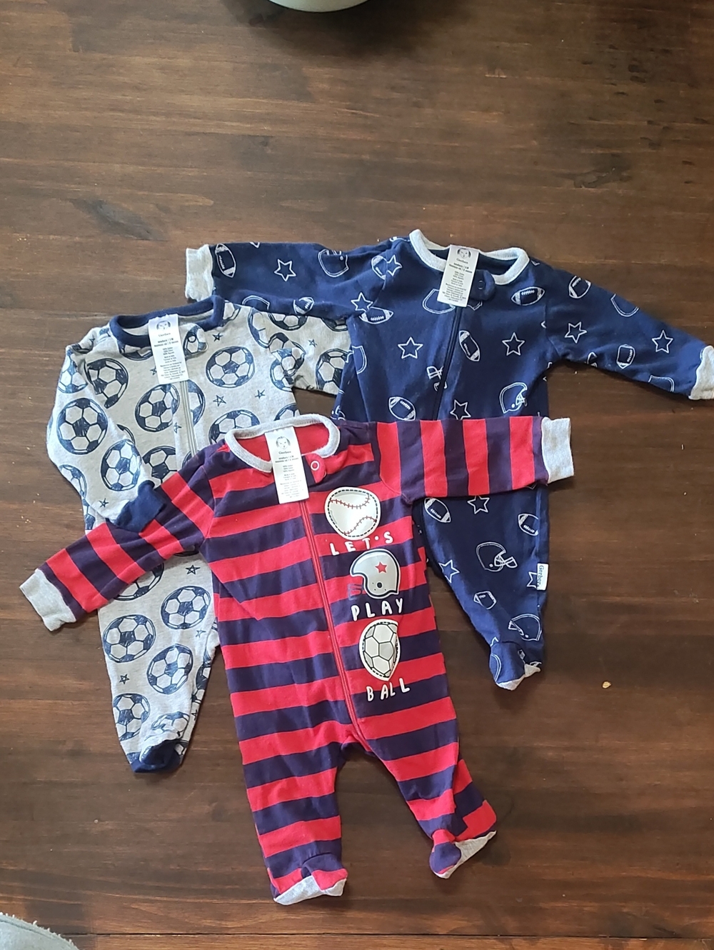 Set Of 3 One-Piece Footed Pajamas - Let's Play Ball